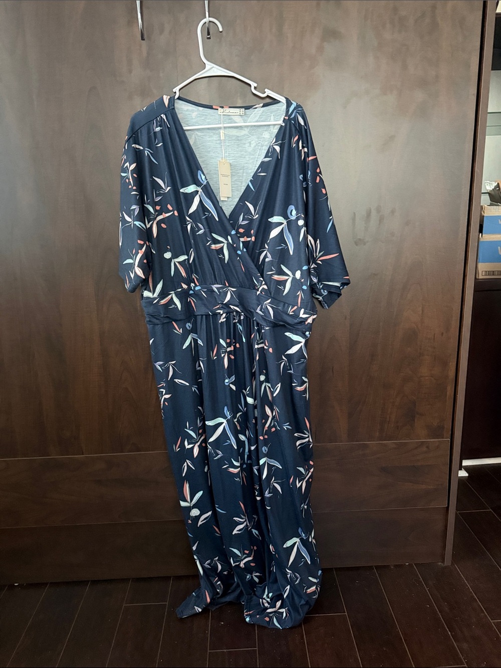 Navy Floral Wrap-Style Maxi Dress with Tie Waist